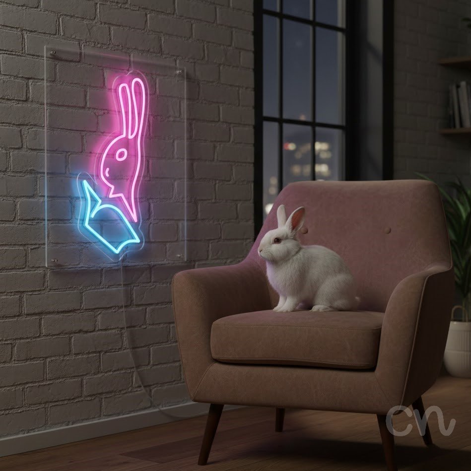 Custom Neon | Rabbit and Book Neon Sign | 19x11 | Hot Pink and Ice Blue Colors 2