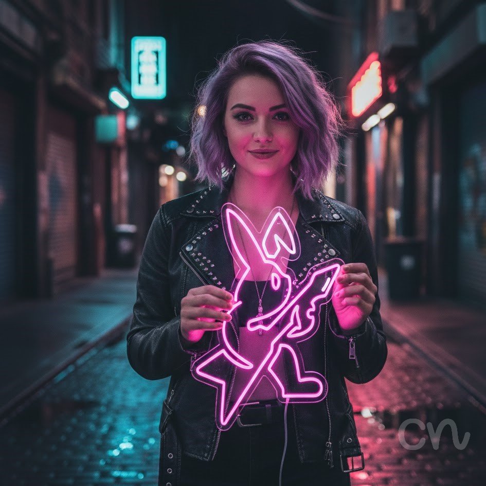 Custom Neon | Rabbit Playing Guitar Neon Sign | 23x22 | Hot Pink