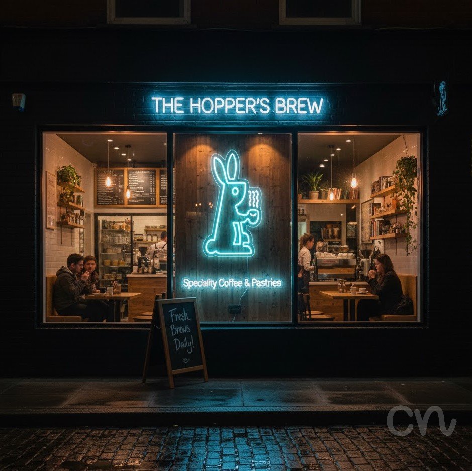 Custom Neon | Rabbit with Coffee Neon Sign | 19x14 | Ice Blue