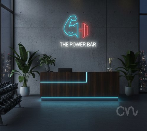 Custom Neon | Arm with Dumbbell Neon Sign | 18x24 Inches | Ice Blue Red Colors 2