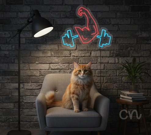 Custom Neon | Flexed Arm with Dumbbells Neon Sign | 16x16 | Red Blue Colors 2