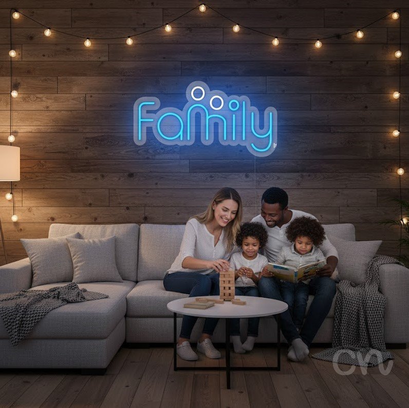 Custom Neon | Family Neon Sign | 13x21 | Light Blue Neon Sign for Home Decor