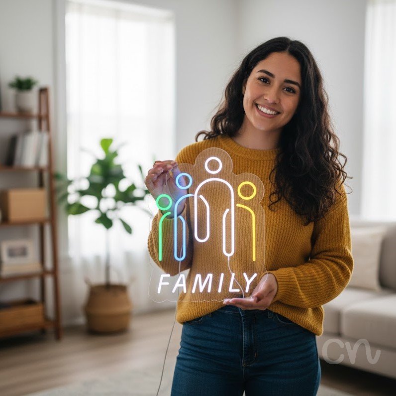 Custom Neon | Family Neon Sign | 22x17 | Green Blue Yellow White Bright Colorful Decor
