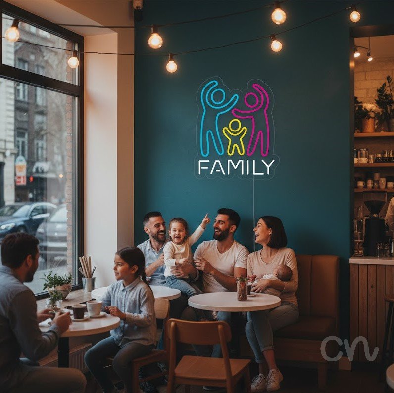 Custom Neon | Family Neon Sign | 21x17 | Ice Blue, Bright Yellow, Neon Purple, Warm White