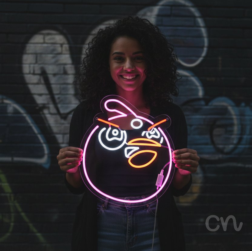 Custom Neon | Angry Bird Face Neon Sign | 21x18 | Pink Red Orange White