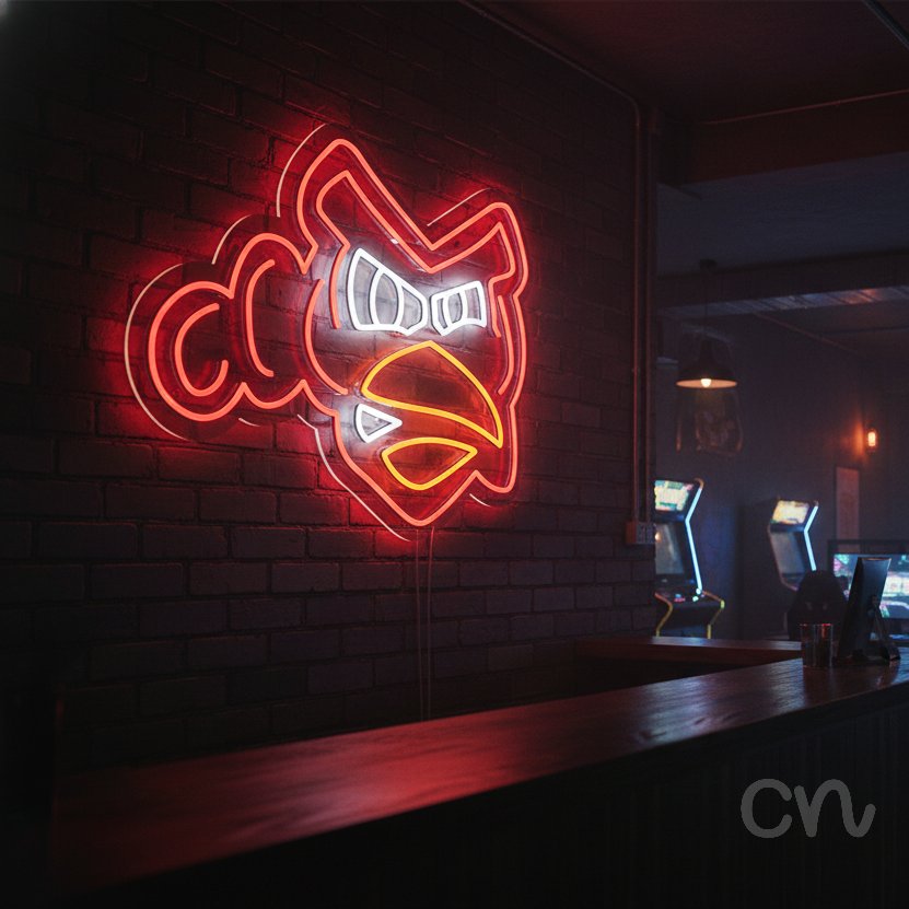 Custom Neon | Angry Bird Face Neon Sign | 19x24 | Red, Orange, White Bright Colors 2