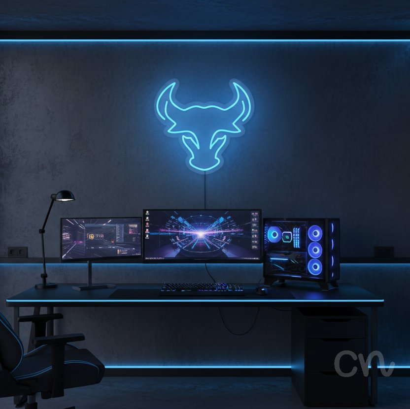 Custom Neon | Bull Head Neon Sign | 19x20 | Ice Blue Neon Light for Home Bar Decor