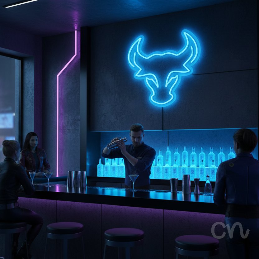 Custom Neon | Bull Head Neon Sign | 19x20 | Ice Blue Neon Light for Home Bar Decor 2