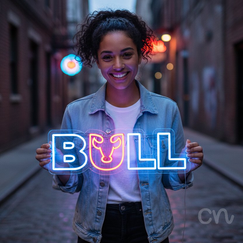 Custom Neon | Bull Neon Sign | 8x24 | Ice Blue Red Neon Sign for Home Bar Decor