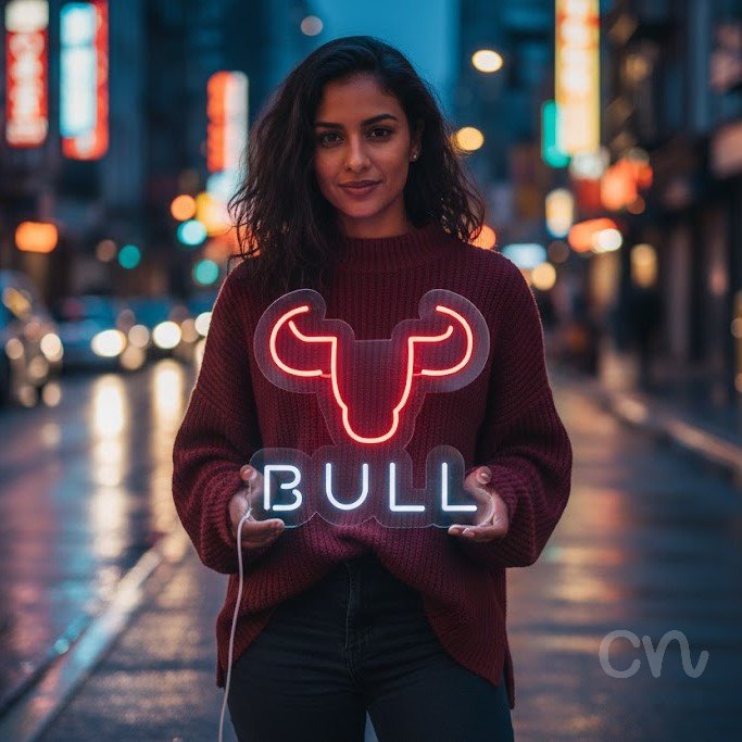 Custom Neon | Bull Neon Sign | 17x17 | Warm White and Red Neon Sign for Decor