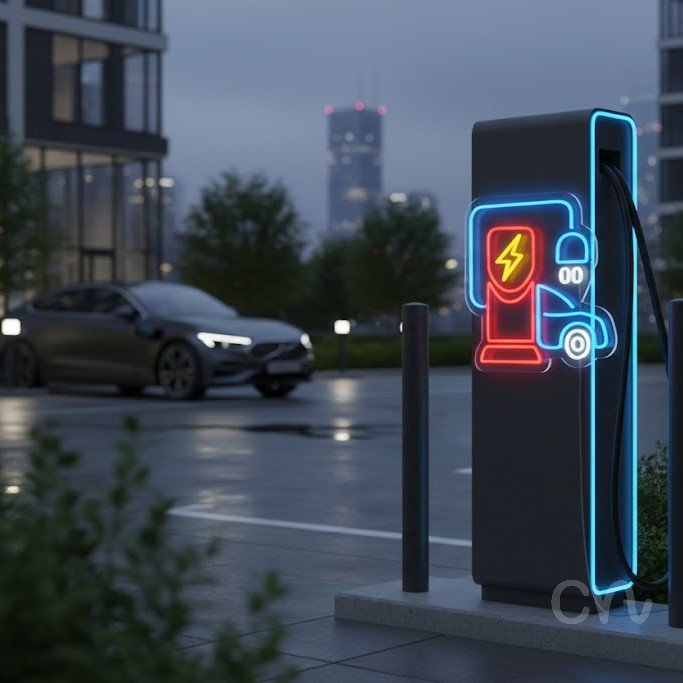 Custom Neon | Electric Car and Charger Neon Sign | 18x18 | Red, Yellow, Ice Blue 2