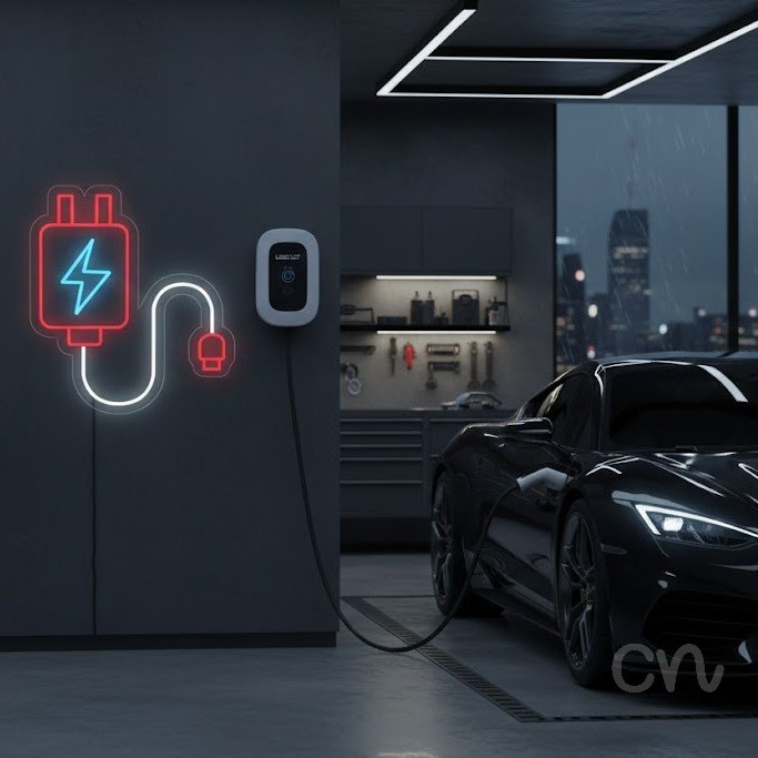 Custom Neon | Charging Cable Neon Sign | 21x19 | Red and Light Blue 2