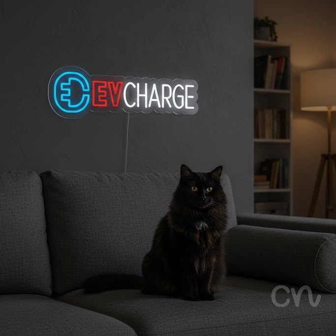 Custom Neon | Ev Charge Neon Sign | 8x25 Inches | Ice Blue Red Warm White Colors 2