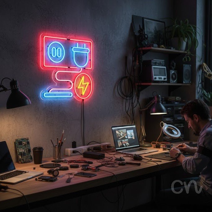 Custom Neon | Power Plug and Lightning Neon Sign | 20x20 | Aqua, Red, Yellow