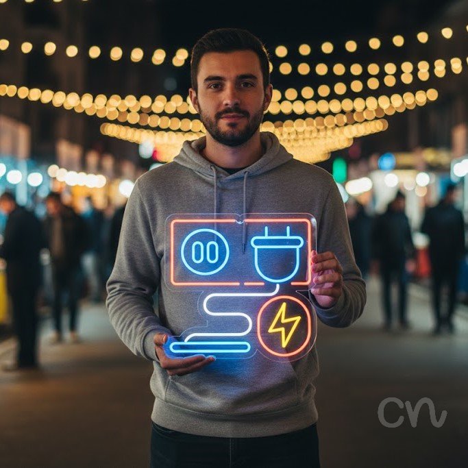 Custom Neon | Power Plug and Lightning Neon Sign | 20x20 | Aqua, Red, Yellow 2