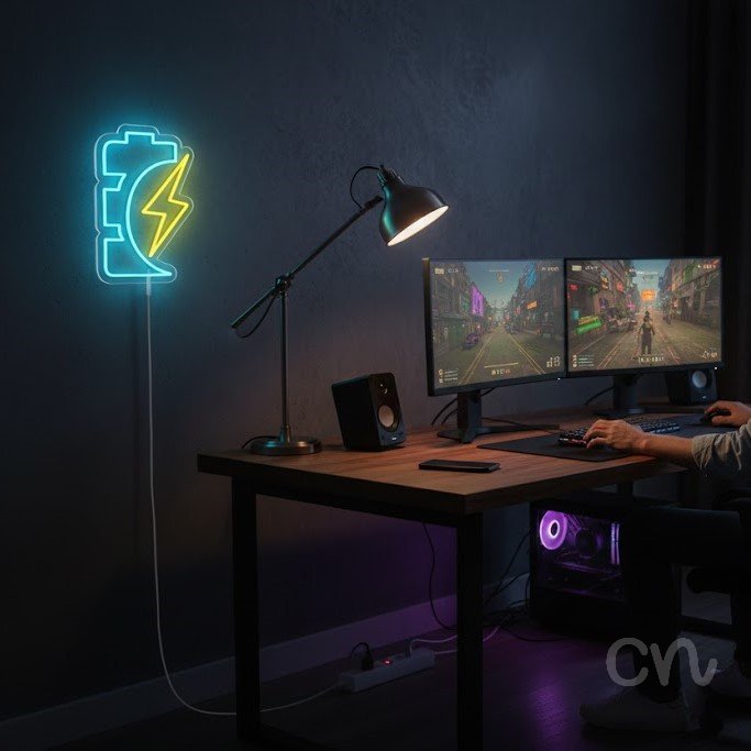 Custom Neon | Battery with Lightning Bolt Neon Sign | 20x14 | Ice Blue and Yellow