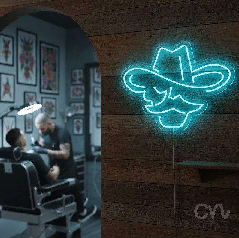 Custom Neon | Cowboy Hat and Moustache Neon Sign | 24x18 | Ice Blue