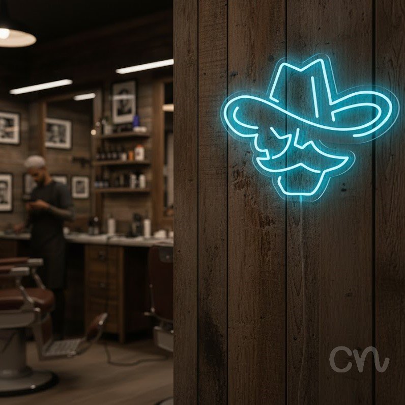 Custom Neon | Cowboy Hat and Moustache Neon Sign | 24x18 | Ice Blue 2