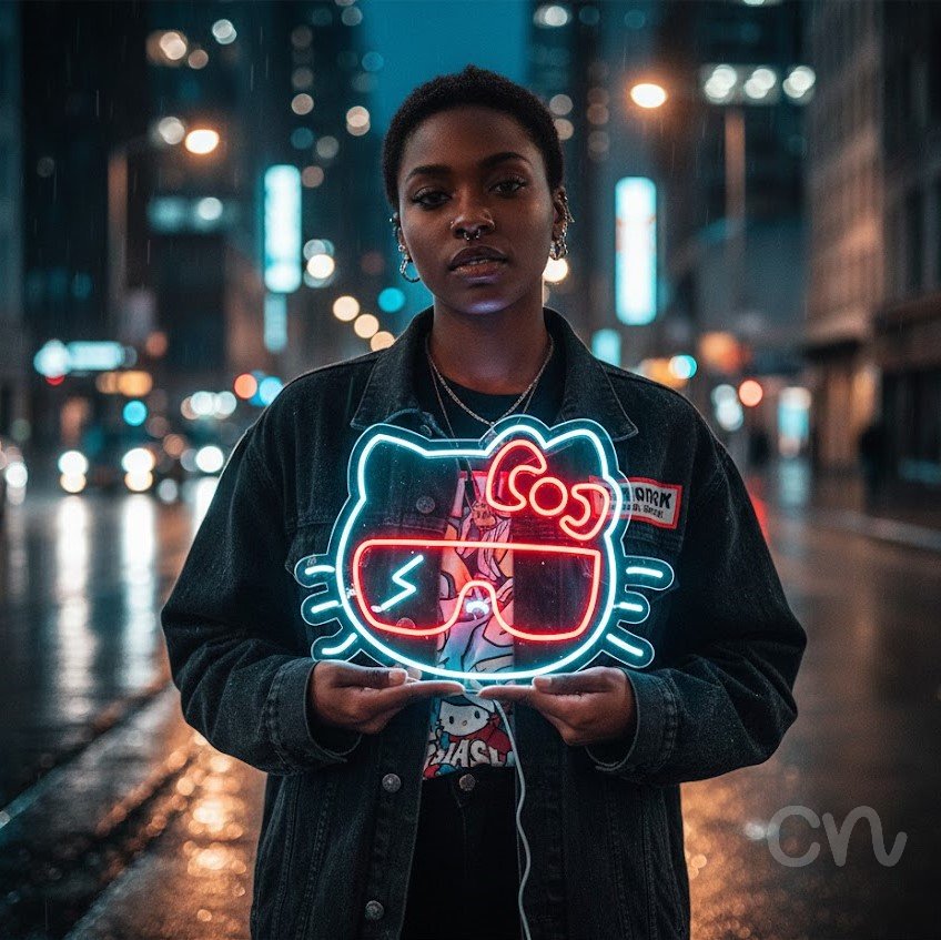 Custom Neon | Cat Face with Bow Neon Sign | 18x24 Inches | Red and White Neon Sign