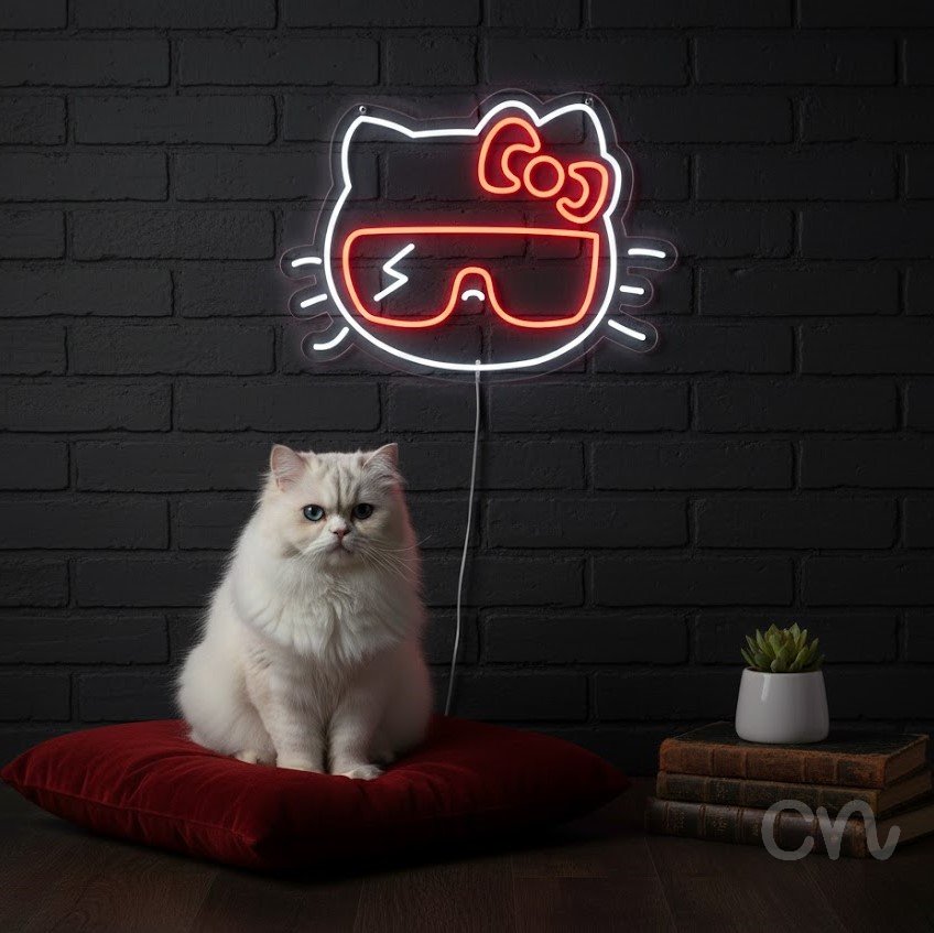 Custom Neon | Cat Face with Bow Neon Sign | 18x24 Inches | Red and White Neon Sign 2