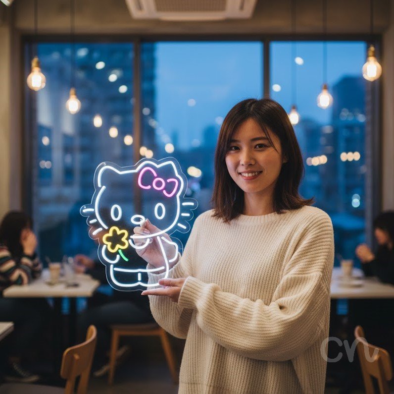 Custom Neon | Cat Holding Flower Neon Sign | 23x20 | Pink Yellow Green