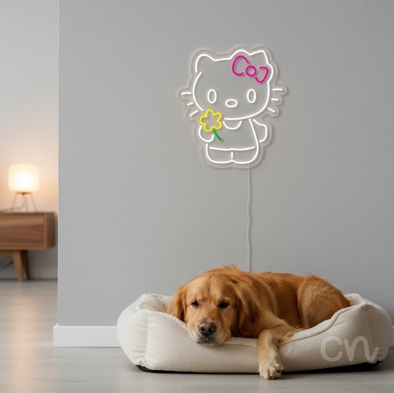 Custom Neon | Cat Holding Flower Neon Sign | 23x20 | Pink Yellow Green 2