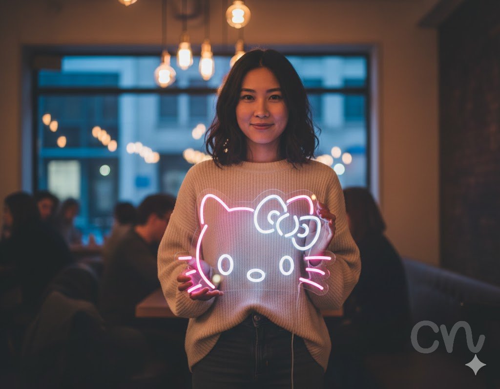 Custom Neon | Cat Face with Bow Neon Sign | 14x20 Inches | Vibrant Magenta