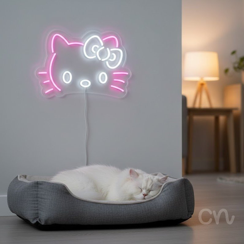 Custom Neon | Cat Face with Bow Neon Sign | 14x20 Inches | Vibrant Magenta 2