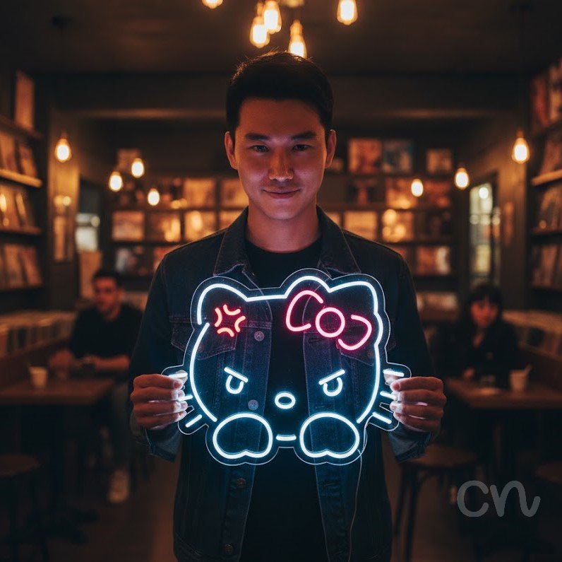 Custom Neon | Cat Face Neon Sign | 19x24 | Red Purple Neon Sign for Home Decor