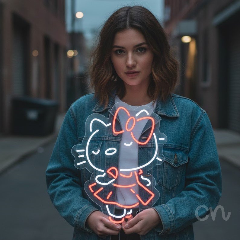 Custom Neon | Cat with Bow Neon Sign | 22x17 | Red and White Neon Sign