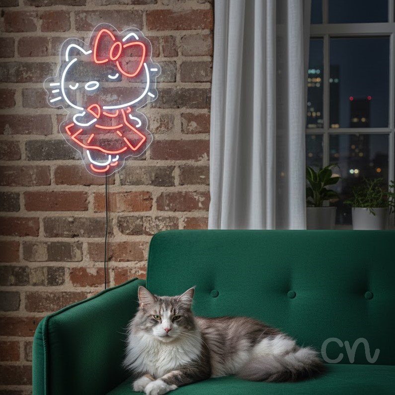 Custom Neon | Cat with Bow Neon Sign | 22x17 | Red and White Neon Sign 2