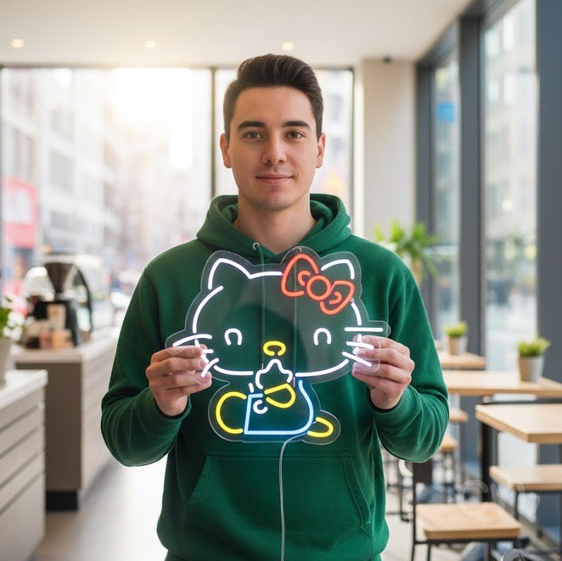 Custom Neon | Cat with Bow Neon Sign | 21x24 | Red Ice Blue Yellow