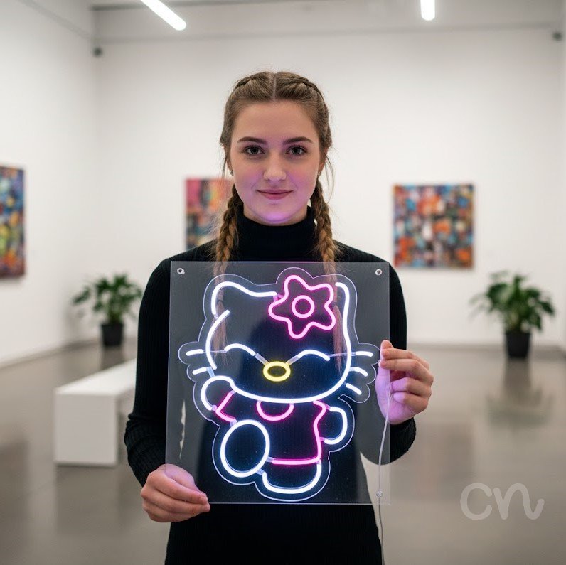 Custom Neon | Cat with Flower Neon Sign | 23x20 | Hot Pink Yellow White