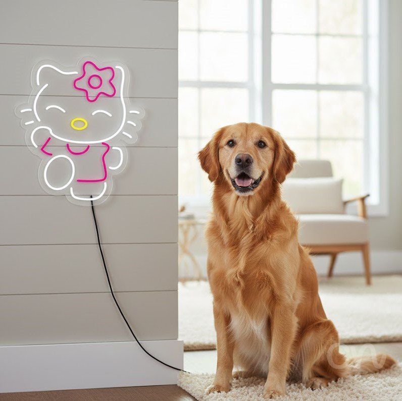 Custom Neon | Cat with Flower Neon Sign | 23x20 | Hot Pink Yellow White 2