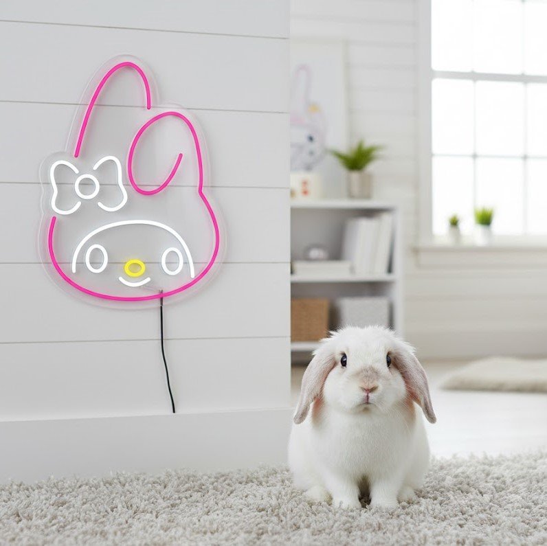 Custom Neon | Rabbit Face with Bow Neon Sign | 23x17 | Hot Pink White Yellow 2