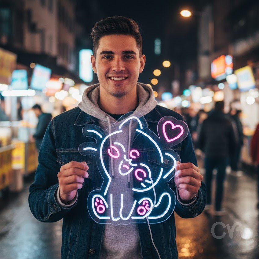 Custom Neon | Cat with Heart Neon Sign | 22x21 Inches | Pink Color for Cute Wall Decor