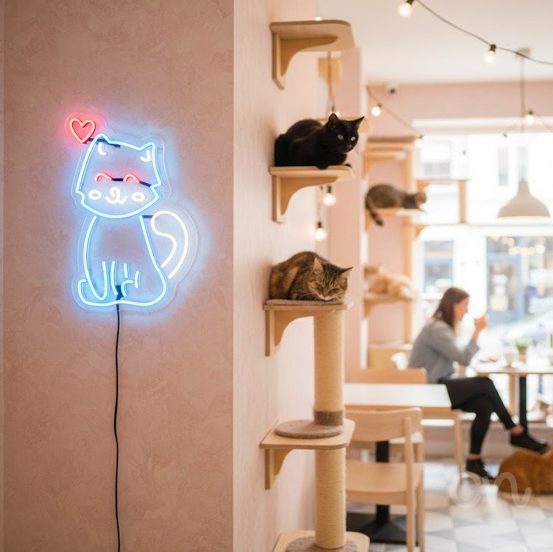 Custom Neon | Cat with Heart Neon Sign | 22x15 Inches | Red Ice Blue Warm White