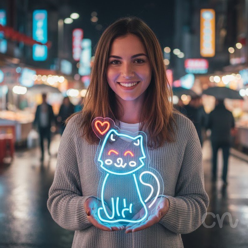 Custom Neon | Cat with Heart Neon Sign | 22x15 Inches | Red Ice Blue Warm White 2