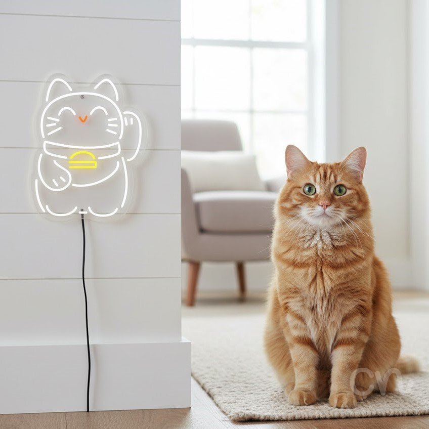 Custom Neon | Maneki-neko Neon Sign | 23x18 | White, Orange, Yellow 2