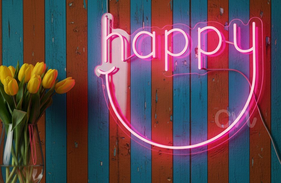Custom Neon | Happy Word Neon Sign with Smile Curve | 20x24 | Pink