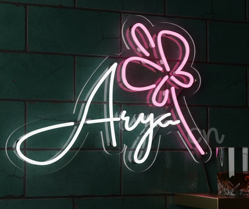 Custom Neon | Arya Name Neon Sign with Flower Design | 16x21 | Pink & White