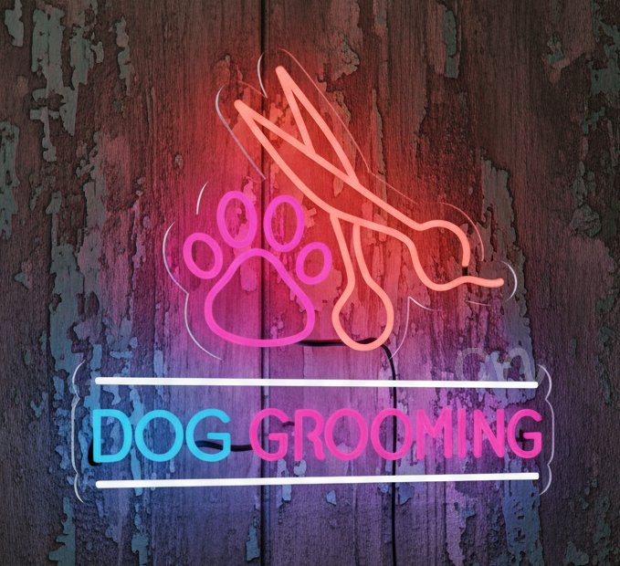 Custom Neon | Dog Grooming Neon Sign with Paw and Scissors | 21x14 | Multicolor (Blue, Pink, Red)