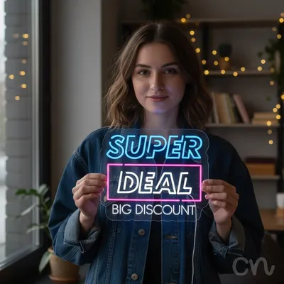 Custom Neon | Super Deal Big Discount Neon Sign | 20x17 | Ice Blue Warm White Hot Pink