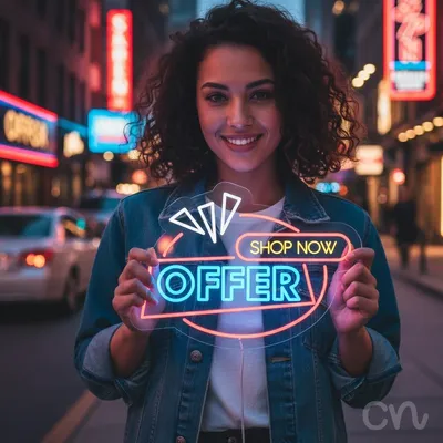 Custom Neon | Shop Now Offer Neon Sign | 16x22 | Hot Pink Ice Blue Yellow