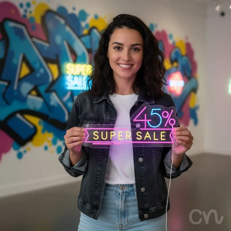 Custom Neon | 45 Percent Super Sale Neon Sign | 13x28 | Hot Pink Ice Blue Yellow