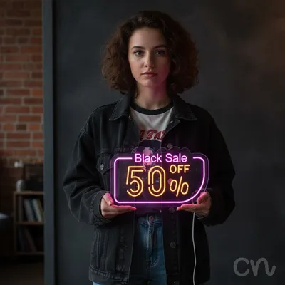 Custom Neon | Black Sale 50% Off Neon Sign | 16x26 | Pink and Orange Bright Lights