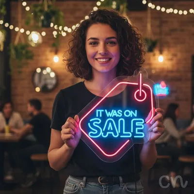 Custom Neon | It Was on Sale Neon Sign | 23x21 | Light Blue and Red Neon Sign