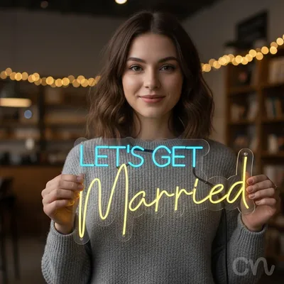 Custom Neon | Lets Get Married Neon Sign | 17x30 | Ice Blue Soft Yellow Bright Light