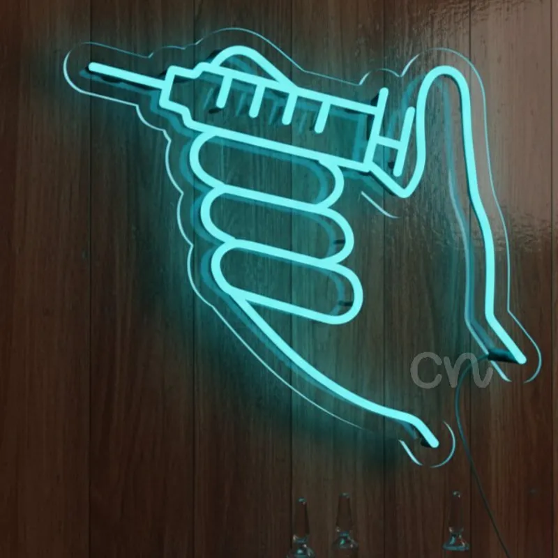 Custom Neon | Hand Holding Syringe Neon Sign| 18x20 | Blue