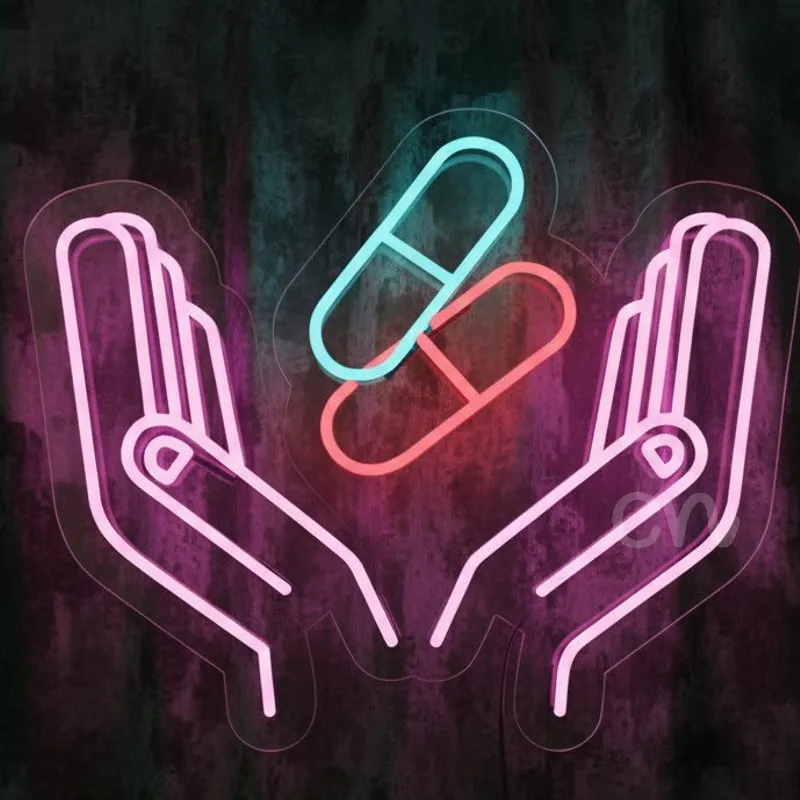 Custom Neon | Hands Holding Capsules Neon Sign | 18x22 | Multicolor